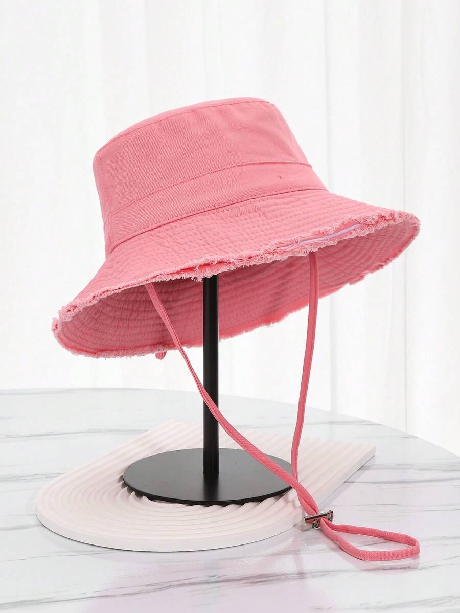 Retro Frayed Brim Bucket Hat, Suitable For Outdoor Activities, Sunscreen, Summer - Pink - View 1