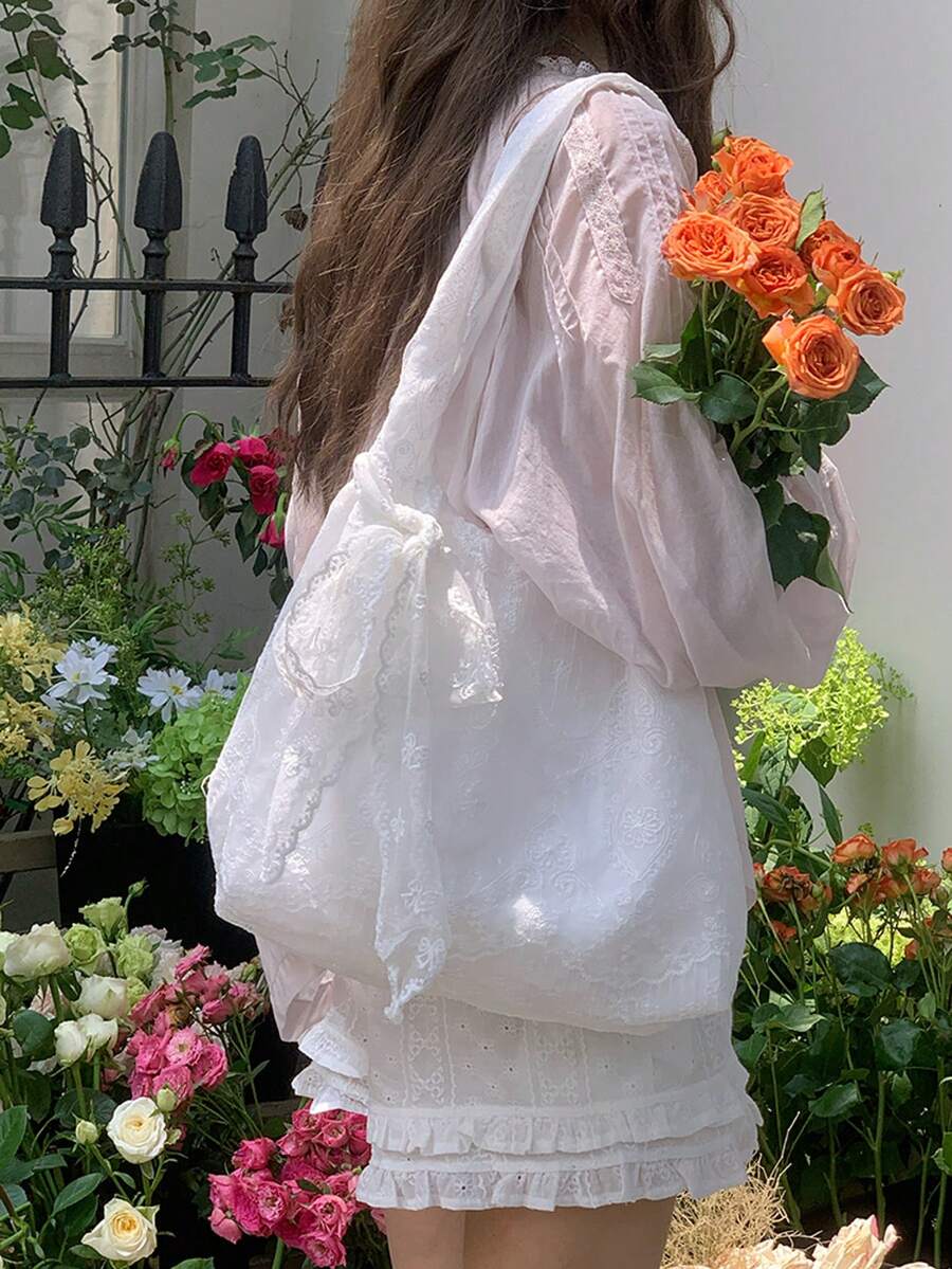 韓式可愛蕾絲花卉帆布托特包,女款大容量溫柔淑女肩背腋下包,通勤適用 - 白色 - 查看 1