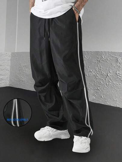 1pc Men's Cross Embroidery Casual Pants, With Reflective Taping, Drawstring Waist, Fashionable, Suitable For Beach, Daily, Workout, Running, Loose Straight Leg, Spring/Summer/Autumn/Winter, Street Style, Gift For Boyfriend/Husband, Fall