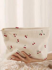 1 pièce Sac de rangement à fermeture éclair en velours côtelé imprimé de cerises | Sac de maquillage et de toilette multifonction léger avec doublure - Organisateur cosmétique élégant pour les voyages, l'utilisation quotidienne et le rangement des articles de toilette (design à motif mignon et construction durable)