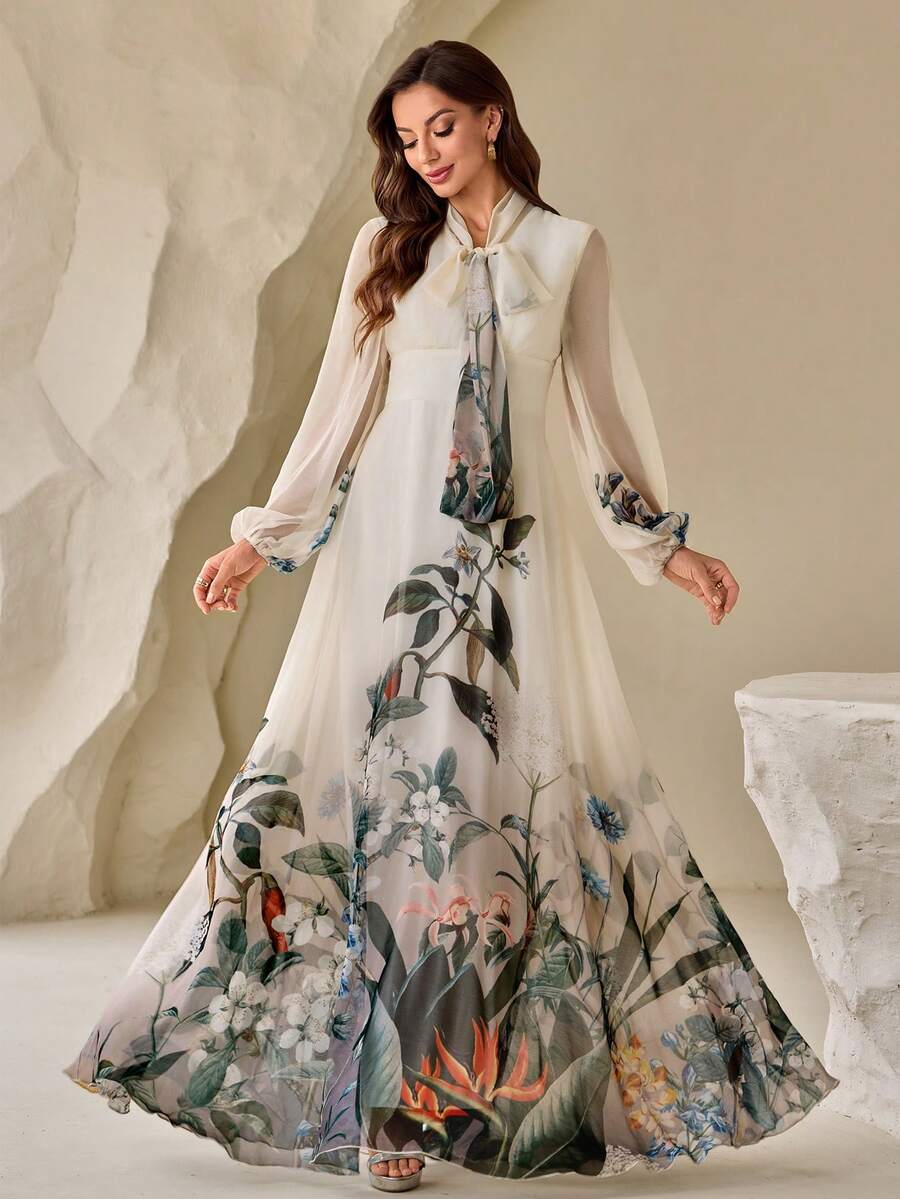 女士花卉印花灯笼袖连衣裙，配腰带，优雅 - 白色 - 查看 1