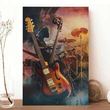 Póster de arte de lienzo con fusión musical, impresión de guitarra eléctrica y tambores, arte de pared de música, decoración de pared de instrumentos de banda, arte de pared de lienzo, arte de pared de lienzo para decoración de dormitorio, bar, oficina y sala de regalo - Beis - Ver 6