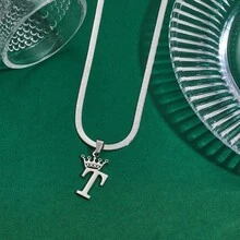 不锈钢 26 字母天使幸运皇冠吊坠 4 毫米刀片项链扁平蛇链珠宝女王公主字母吊坠，节日高端礼物 - 銀色 - 查看 34