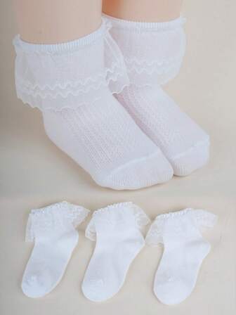 3 双白色蕾丝边透明网眼格纹袜子，透气柔软百搭学院风舞蹈袜