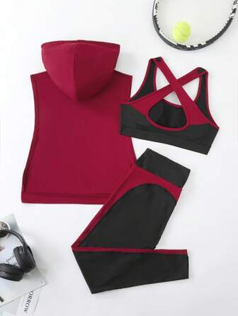 Women's Solid Color Drawstring Hooded Tank Top, Contrast Color Splicing Sports Bra And Leggings Set, High Elasticity Knitted Fabric