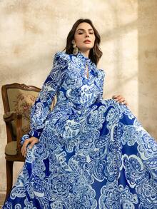 Faeriesty 印花优雅雪纺印花 A 字裙，搭配系带细节领和灯笼袖领带 | 适合休闲星期五或正式活动的夏季派对礼服 - 藍色 - 查看 9