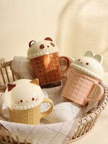 1 件可爱动物陶瓷盖杯，熊猫/猫主题咖啡杯、马克杯、茶杯、居家/办公室女士保温水杯，创意冰淇淋设计，独特设计，有趣的生日/节日礼物，盒装