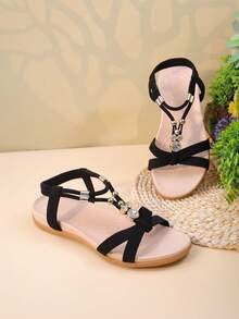 1 Pair Elastic Buckle Decor Flat Sandals For Teenage Girls, Casual Daily Wear - Black - View 5