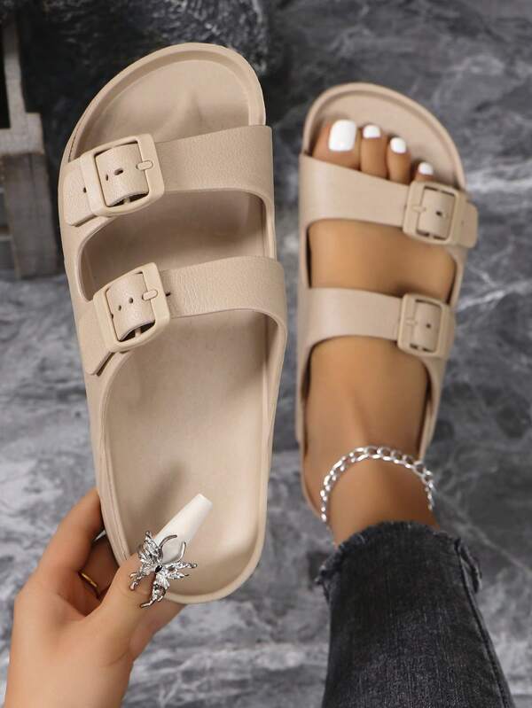 Sandale pentru femei, culoare kaki, cu dublă baretă EVA și cataramă, antiderapante, durabile, moi, confortabile, absorbante de șocuri, pentru plajă în aer liber