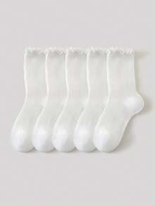 5 Pairs Kids Ruffle Edge Sports Socks, Simple Classic Fashion , Skin-Friendly Comfortable Soft Breathable Casual Mid-Calf Socks, Suitable For Daily Life, Holidays, Back To School, Princess Dress Matching - Black - View 15