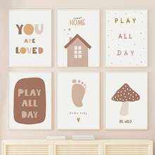 1pc Boho Foot Mushroom You Are Loved Play All Day Be Wild Home Nursery Art Canvas Painting Room Wall Decor Posters Picture Decoration Gift Optional Frame,Wall Art With Frame - Multicolor - View 2