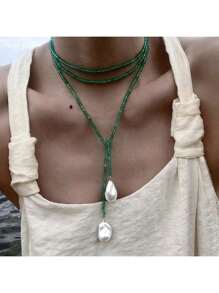 1 pieza Collar largo de mujer con colgante de cristal minimalista, perla falsa y cuentas, elegante para estilo de playa, accesorio de uso diario