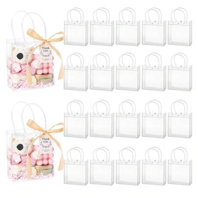 2/5/10/20 包透明礼品袋带手柄，派对礼品袋带丝带和标签，可重复使用的礼品手提袋用于婚礼婴儿洗礼生日派对礼品袋生日派对装饰