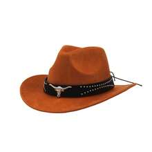 Men Women Cowgirl Hat Wide Brim Stylish Bull Head Belt Leather Design Western Cap For Daily Life Party - Màu Khaki - Xem 7