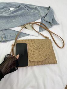 女士极简翻盖包、编织斜挎信封包、女士度假包、假日包、草编钱包、草编沙滩包、沙滩必需品、沙滩必备品、沙滩用品和夏季必备品、最适合海滩氛围的女士包 - 卡其色 - 查看 4