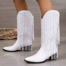 Fall/Winter 2025 White Double Layer Tassel Chunky Heel Square Toe Slip-On Fashion Comfy Versatile Cowboy/Riding Boots For Women - White - View 7