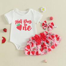 Half Way To One Newborn Baby Girls Birthday Outfits Letter Print Romper Bodysuit Top + Strawberry/Ice Cream/Orange/Watermelon Print Shorts + Bow Headband 3Pcs Clothes Set - 紅色 - 查看 4