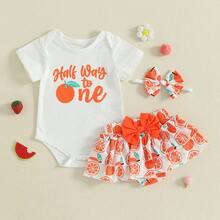 Half Way To One Newborn Baby Girls Birthday Outfits Letter Print Romper Bodysuit Top + Strawberry/Ice Cream/Orange/Watermelon Print Shorts + Bow Headband 3Pcs Clothes Set - 橘色 - 查看 4