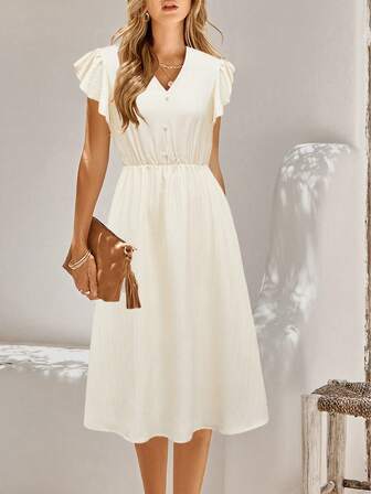 1 pieza Vestido casual de verano para mujer con cuello en V, mangas de mariposa, cintura recogida y silueta evasé