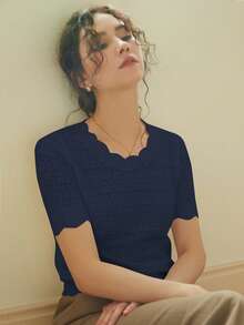 Knit Mix 优雅女士衬衫，独特蕾丝边饰圆领镂空短袖修身T恤，适合娇小身材，纯色，休闲/工作皆宜，春夏上衣，柔和复古奶油色，返校春夏装，也适合圣诞节、感恩节和新年等休闲场合。 - 深藍色 - 查看 3