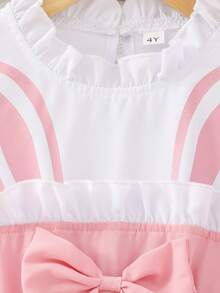 女童夏季连衣裙，兔耳印花 - 泡泡袖蝴蝶结连衣裙，轻便休闲，适合幼儿（2-3岁，4-5岁，6-7岁） - 粉色 - 查看 8