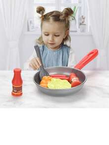 8件套厨房烹饪食物玩具仿真厨具玩具套装，过家家锅、牛排、蔬菜、面包、热狗、煎蛋卷，适合儿童男孩女孩 - 彩色 - 查看 4