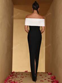 FEELAIR New Women Sexy Off-Shoulder Black & White Color Block Diamond Buckle Embellished Tight Maxi Bandage Dress, Fashion Lady's Holiday, Wedding, Party, Formal Occasion Gown