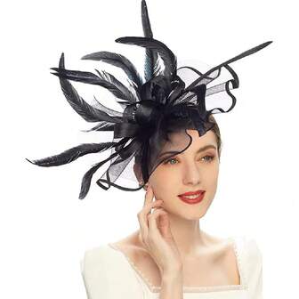 1pc Alluring Floral Feather Fascinator Hair Clip, Suitable For Derby, Cocktail Party, Wedding, One Size, Black