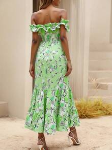 Vestido de mujer sin tirantes con espalda descubierta y estampado de hojas y plantas, estilo bohemio, elegante, con dobladillo fruncido y volantes. - Verde - Ver 2