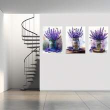 Set de 3 postere înrămate cu imprimeu floral botanic violet și alb, pe pânză, pentru living contemporan, baie, dormitor, hotel, pensiune, apartament, vilă, galerie, sală de clasă, coridor, studio, casă de la țară, bucătărie, sufragerie, cameră pentru copii, birou, birou de acasă, decorațiuni de perete, gata de agățat