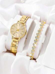2/1 件时尚圆形表盘石英手表搭配同色系心形水钻珠宝手链，非常适合派对、度假用品、度假服装、旅行打包以及为亲朋好友购买礼物 - 彩色 - 查看 3