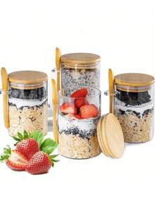 1 pieza Tarro de leche con cuchara y tapa, taza para avena overnight, juego de tarros para almacenar cereales y especias - Marrón - Ver 8