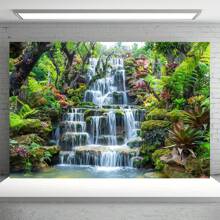 1pc, Fabric Garden Waterfall Background Mountain Rock Flowing Water Lake River Green Forest Trees Natural Background Home Wall Decoration Photography Studio Props