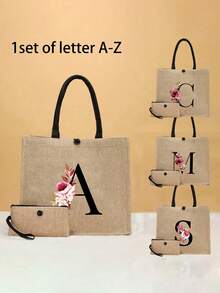 Floral Pattern Black Letter A-Z Print Linen Tote Bag, Small With Buckle Handle, Large & Small Set, Minimalist Travel Bag, Cosmetic Bag, Large Capacity Travel Makeup Bag, Casual Carry-On Tote, Shopping Bag, New Design, Suitable For Shopping Tote, Lunch Bag, Multi-Purpose Portable Tote, Ideal Gift For School, Picnic, Family, Friends, Parents, Classmates