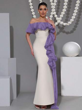 Modphy New Sexy Ruffle Ruffle Hem Bodycon Long Bandage Cocktail Dress,Elegant For Wedding,Party,Ceremony