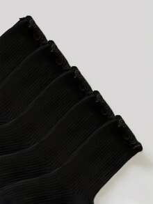 5 Pairs Kids Ruffle Edge Sports Socks, Simple Classic Fashion , Skin-Friendly Comfortable Soft Breathable Casual Mid-Calf Socks, Suitable For Daily Life, Holidays, Back To School, Princess Dress Matching - Black - View 4