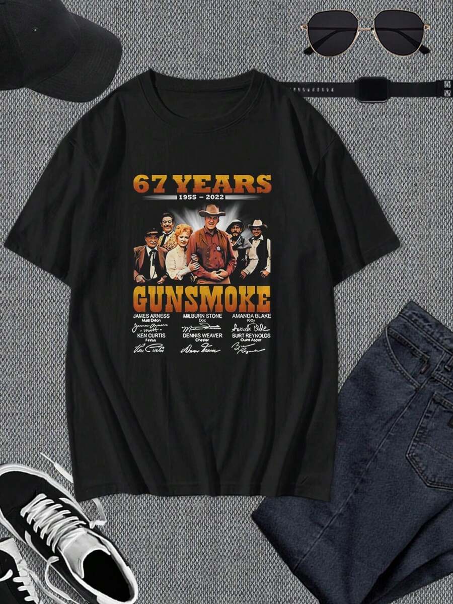 Camiseta Gunsmoke Aniversario - Serie de TV Western Vintage - Ropa Retro para Fans - Camiseta gráfica clásica de película para hombres y mujeres - Regalo para amantes del western y maridos - Negro - Ver 1