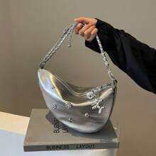 Summer New Model Dumpling Bag Simple Fashion Shoulder Bag Diagonal Shoulder Bag Diamond Moon Bag Glittering Silver Wandering Bag Handbag Dinner Party Bag Metal Handbag Shoulder Bag Suitable For Wedding Party Gift Pendant