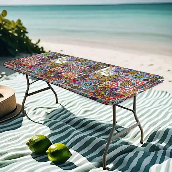 1pc Elastic Edge Tablecloth, Lightweight And Washable, Vintage Bohemian Mandala Flower Print, Suitable For Family Gatherings, Outdoor Picnics, Holiday Theme Parties, Indoor/Outdoor Use