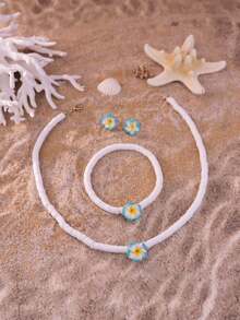 1 套：1 对耳环、1 条手链、1 条项链 - 海滩度假风格白色软粘土鸡蛋花吊坠首饰套装，夏季冲浪者手链项链旅行纪念品 - 首飾套裝 - 查看 15