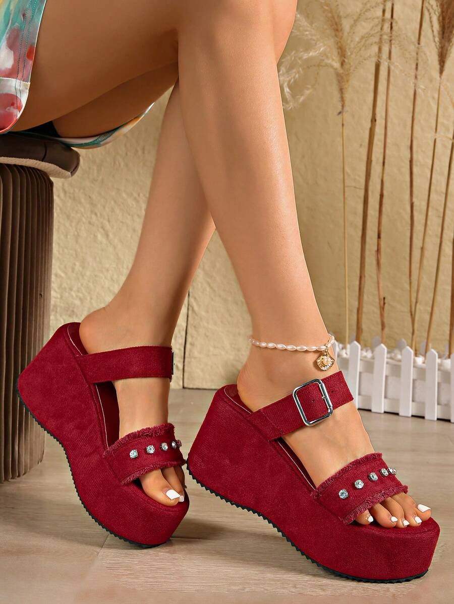 Women's Red Plus Size Thick Bottom Wedge Sandals With Rhinestone Decor, Tassel, Strap Design, Round Toe, Fashion Versatile Waterproof Platform Heels For Summer 2025, Suitable For Dress, Pants, Street And Beach Wear - Red - View 1