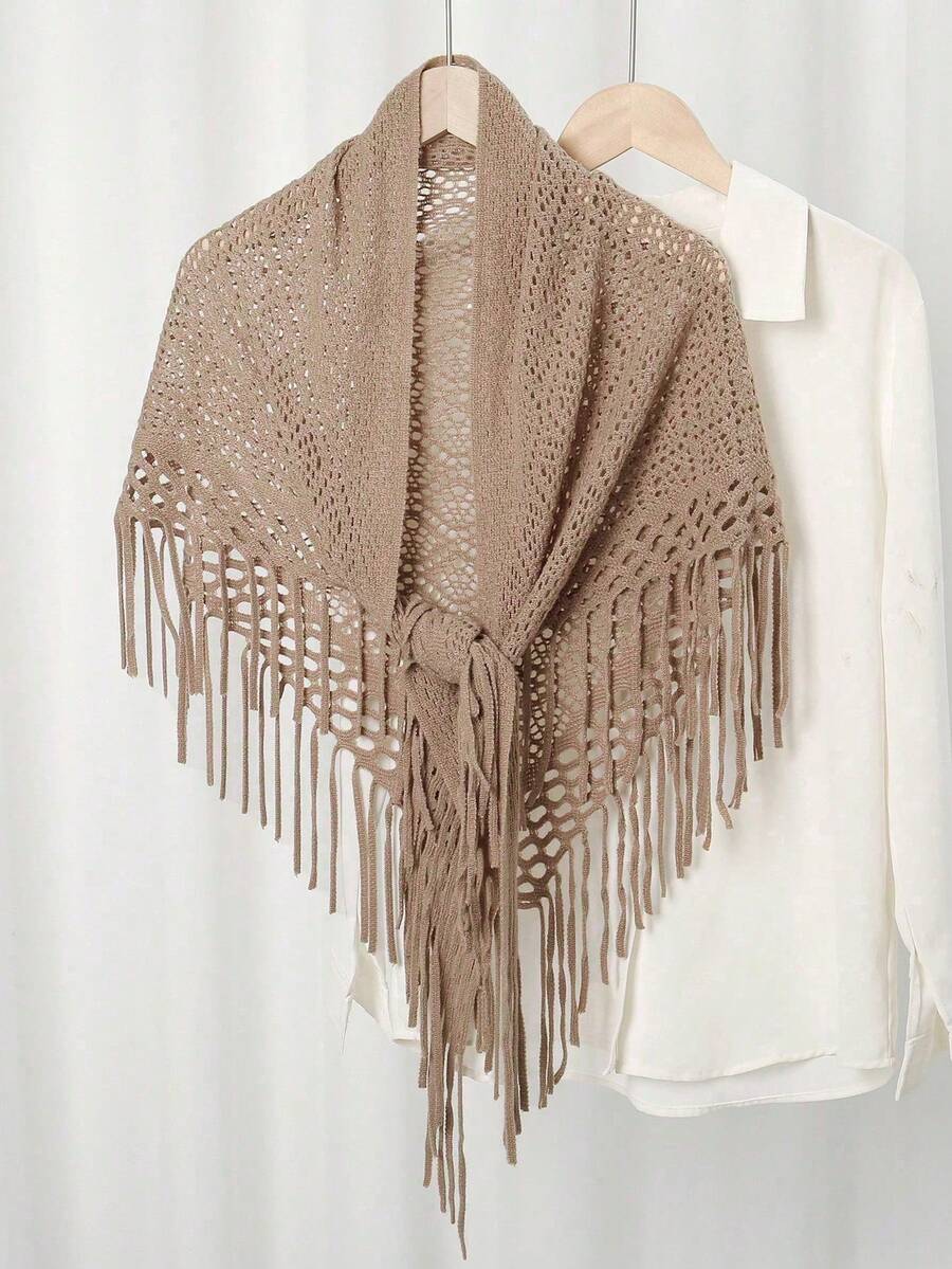 1 pieza Bufanda de punto con borla triangular de color liso para mujer, chal envolvente apto para todas las estaciones, regalo para mujer - Camel - Ver 1