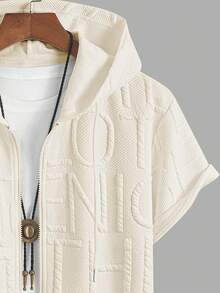 Men's Fashion Personalised Elastic Letter Jacquard Material Hoodie With Drawstring And Full Zipper, Simple Stylish Design, Suitable For Casual Daily, Commuting, Street Style, Vacation, Summer New Short Sleeve Hoodie - 杏色 - 查看 3