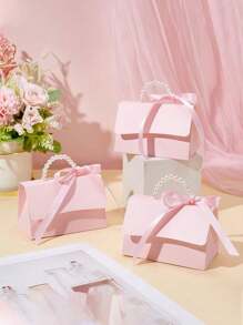 10 Sets- Wedding Favor Boxes DIY Set,Pink Kraft Boxes With Pearl Handles,Ribbons,Stickers,Birthday,Party Favors,Boutique,Wedding And Anniversary Gift Boxes For ,Babyshower Party Decorations,