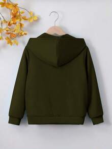 秋冬新品，儿童柔软棉质休闲街头风连帽外套，男女通用宽松透气拉链运动衫，带口袋，创意城市名称标语图形印花 - 軍綠色 - 查看 4