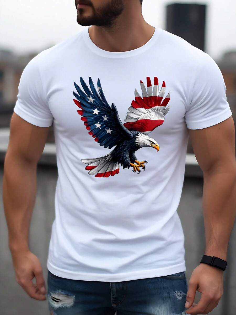 Men's White T-Shirt With Patriotic Eagle Graphic Design - USA Flag Inspired Short Sleeve Tee Shirt - trắng - Xem 1