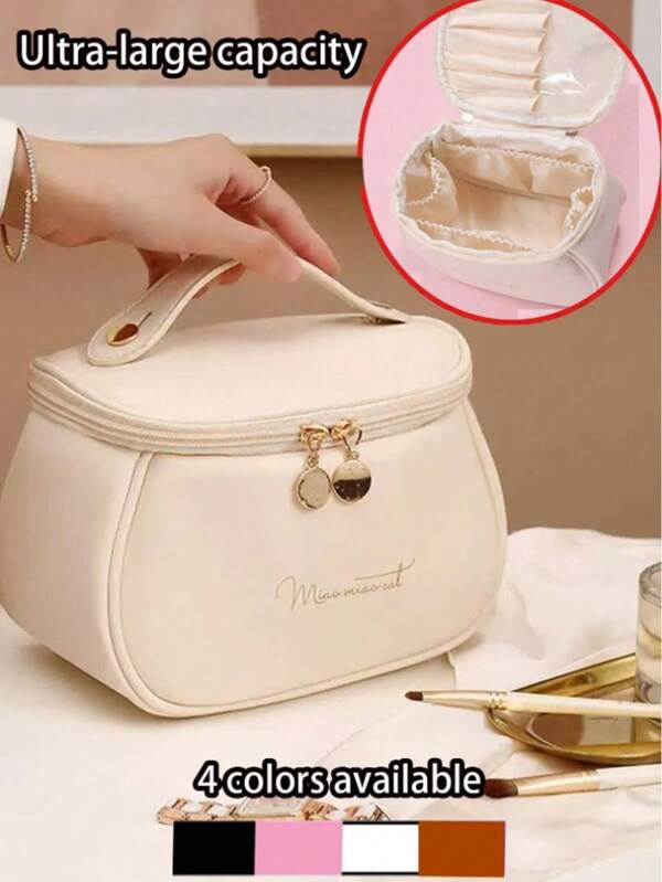 حقيبة مكياج سفر للنساء بمقبض، حقيبة مستحضرات تجميل محمولة، حقيبة أدوات تجميل مقاومة للماء للسيدات، حقيبة غسيل متعددة الوظائف، حقيبة مكياج سعة كبيرة، ضرورية لأحمر الشفاه وقلم الحواجب وكرة البودرة والمستحضرات التجميلية الأخرى، هدية مثالية للأم والصديقة والحبيبة