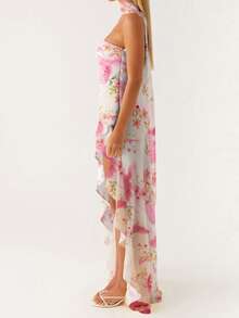 Women Casual Tube Dress Summer Solid Color/Floral Print High Low Ruffles Dress With Scarf For Cocktail Streetwear - 白色 - 查看 3