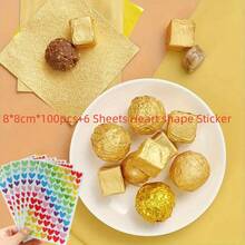 10/100/200/500张闪亮金色巧克力包装纸 - 一次性包装纸，适合DIY巧克力 - 非常适合节日礼物、圣诞节、生日派对 - 烘焙师和巧克力爱好者的理想之选 - 也适合自制零食 + 6张彩色心形自粘封口贴纸，适合剪贴簿和DIY工艺品，一次性，光面（颜色和款式随机），开斋节快乐