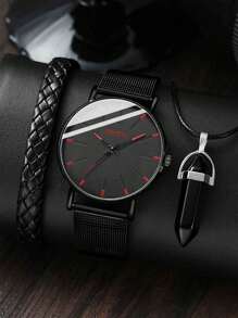 3PCS Black Business Men's Watch Set Fashion Versatile Simple Quartz Watch Bracelet Necklace Set Suitable For Daily Clothing Matching With Holiday Gifts